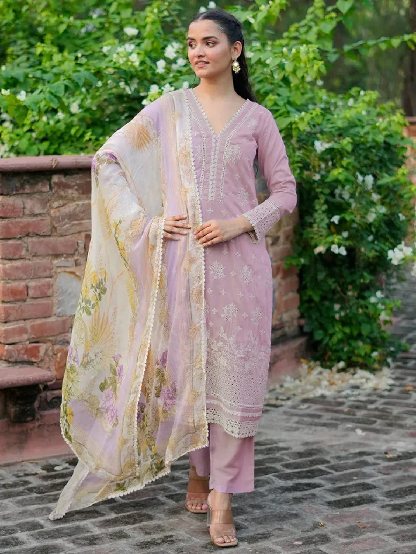 All-Day Comfort Lilac Embroidered Silk Blend Straight Suit With Dupatta