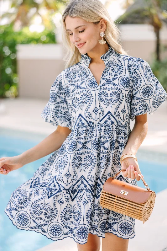Easy Style Take You Out Navy Blue Embroidered Dress