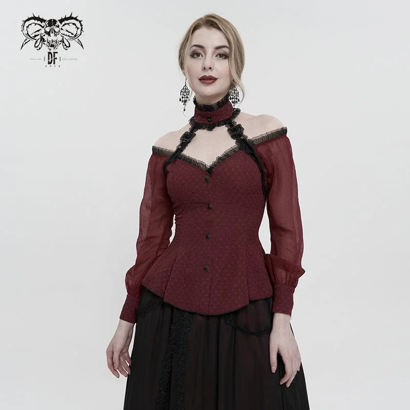 Modern Comfort Women's Gothic Strappy Off Shoulder Halterneck Shirt Red