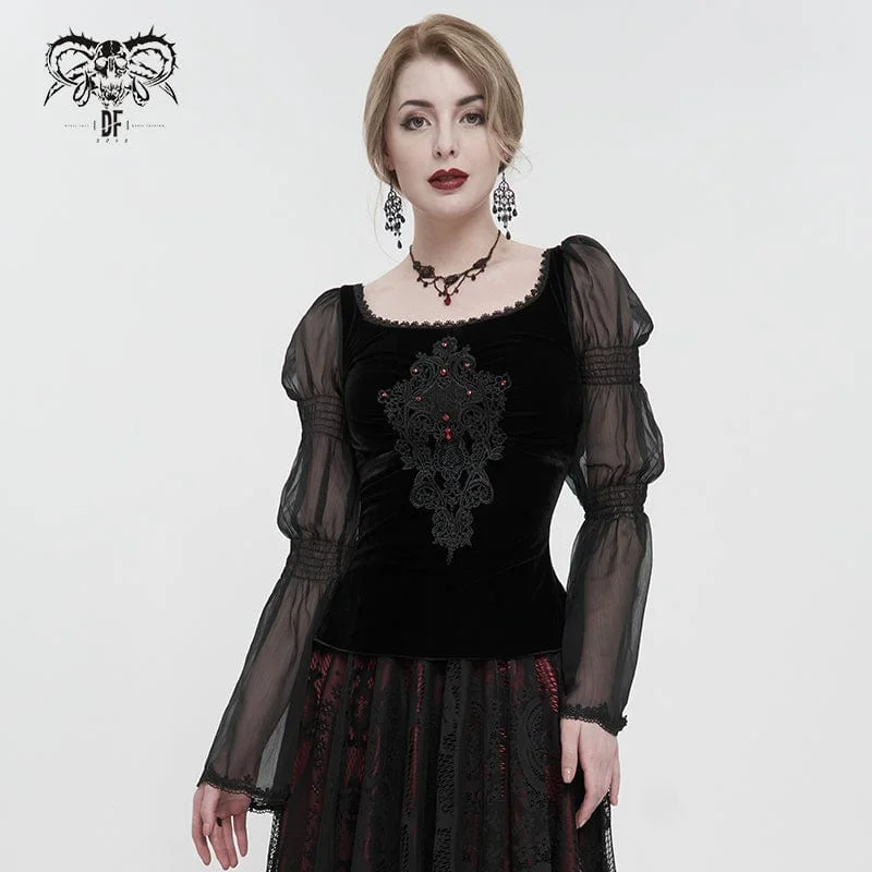 Timeless Comfort Women's Gothic Flared Sleeved Floral Embroidered Shirt