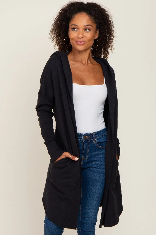 Elegant Dressing Black Hooded Long Cardigan