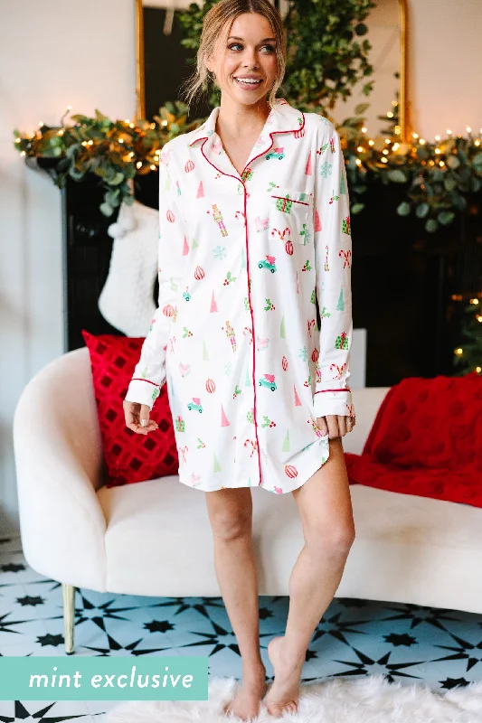 Soft Style Staying In White Holiday Print Pajama Dress