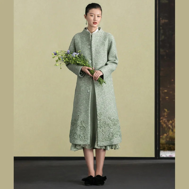 Cozy Fitting Fashion light green woolen outwear trendy plus size stand collar winter jackets embroidery women coats