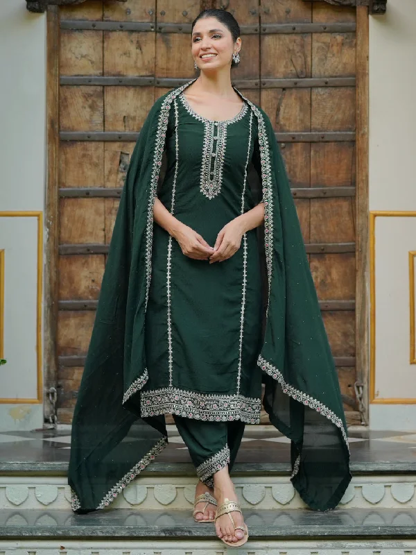 Effortless Outfits Green Embroidered Silk Blend Straight Suit With Dupatta