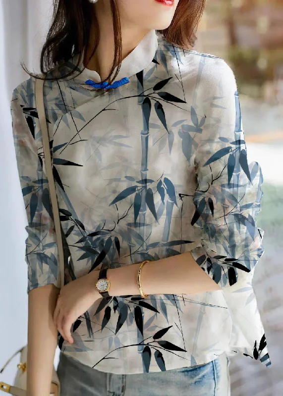 Simple Chic Unique bamboo pattern Print Linen Blouses Spring