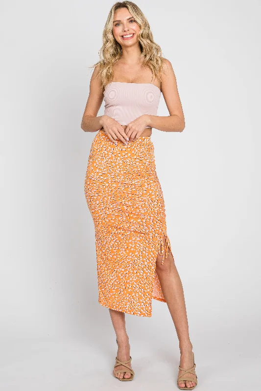 Effortless Elegance Orange Drawstring Front High Knee Slit Midi Skirt