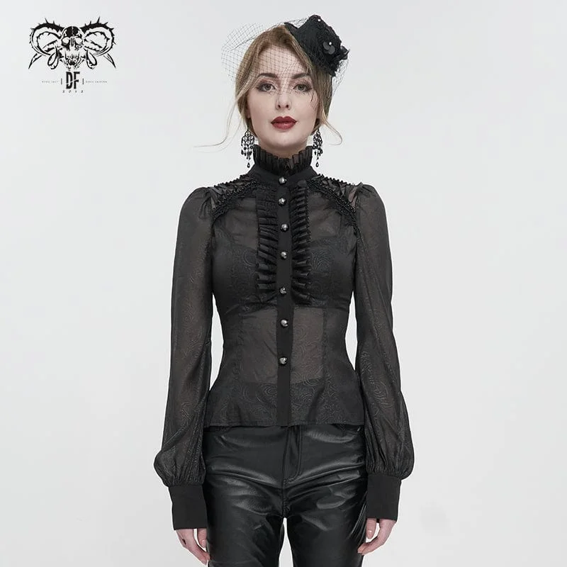 Warm Comfort Women's Gothic Strappy Stand Collar Ruffled Shirt