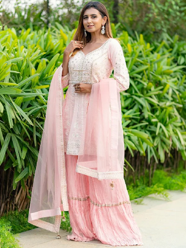 Light Fit Libas Art Peach Embroidered Silk Blend A-Line Sharara Suit Set