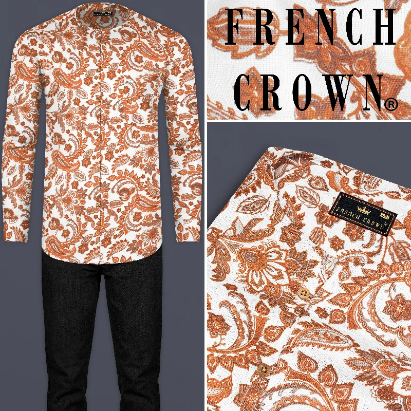 Elegant Dressing White Lilac and Pale Brown Paisley and Floral Printed Luxurious Linen Kurta Shirt
