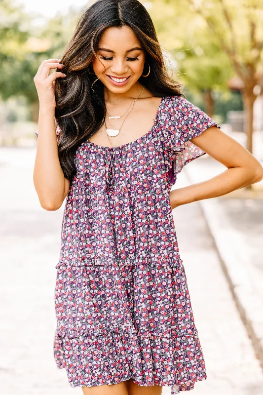 Versatile Wear Ask Away Plum Purple Ditsy Floral Mini Dress