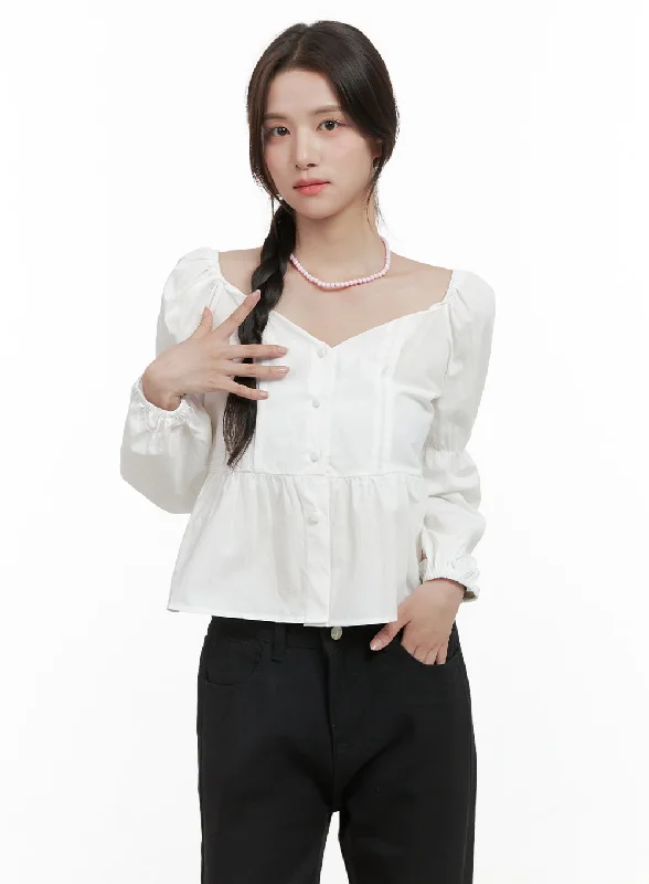 Relaxed Wear Sweetheart Buttoned Cotton Blouse OG409