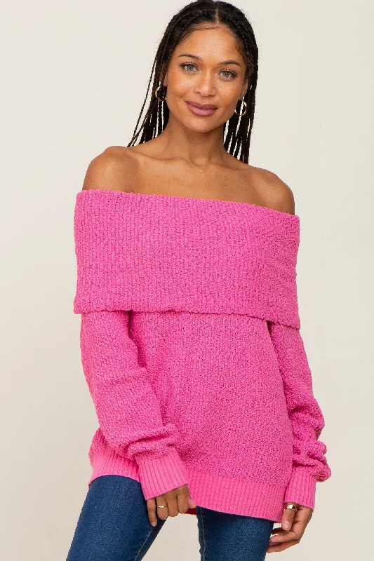 Soft Touch Fuchsia Foldover Off Shoulder Sweater