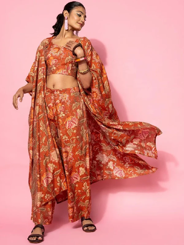 Comfortable Fashion Looks Rust Printed Cotton 3 Piece Co-Ords