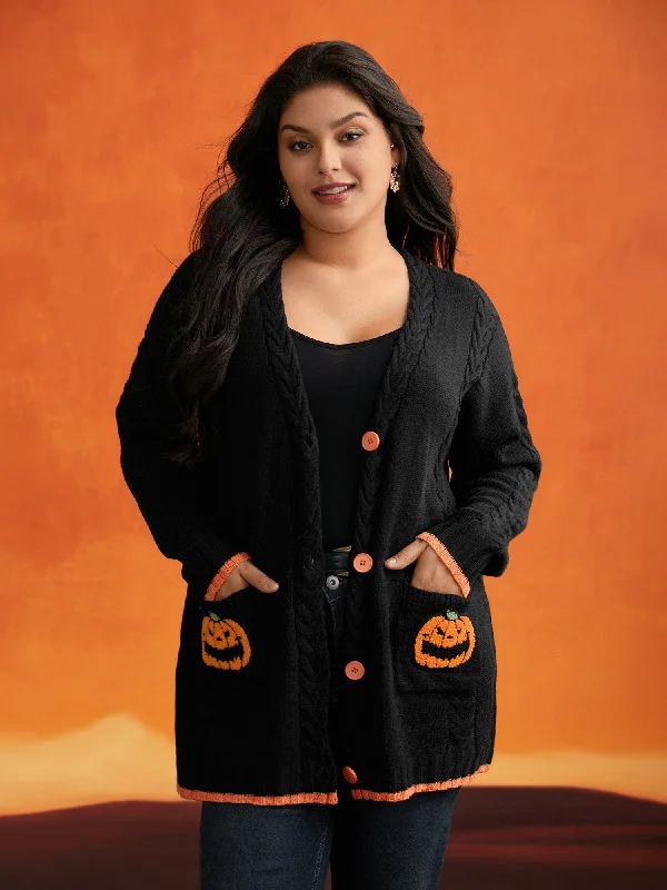 Soft Touch Pumpkin Pocket Embroidered Contrasting Cardigan - For Halloween