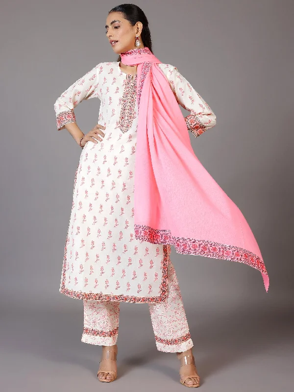 Breezy Comfort Off White Printed Cotton Straight Suit With Dupatta