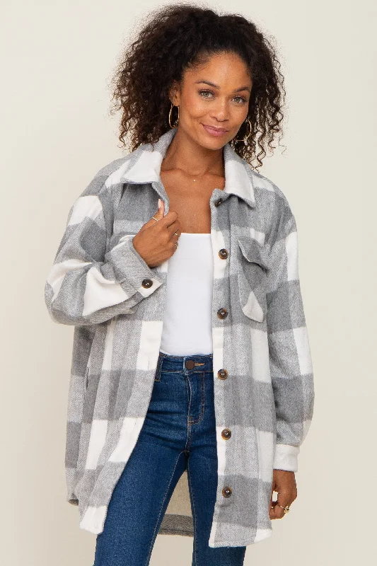 Cozy Footwear Grey Plaid Brushed Long Shacket