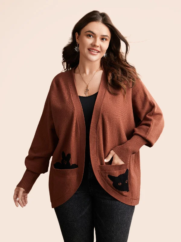 Easy Fashion Cat Printed Pockets Arc Hem Cardigan