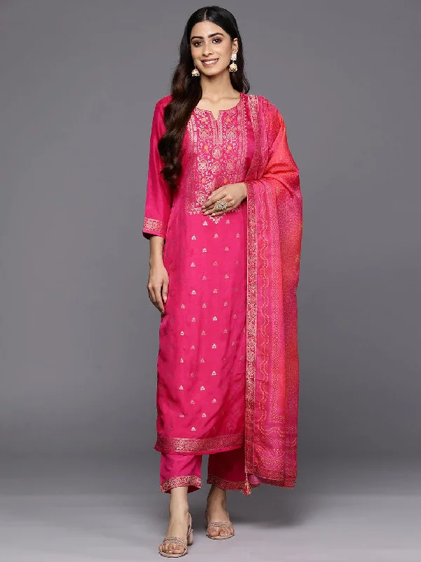 Trendy Dresses Magenta Self Design Silk Blend Straight Kurta With Trousers & Dupatta