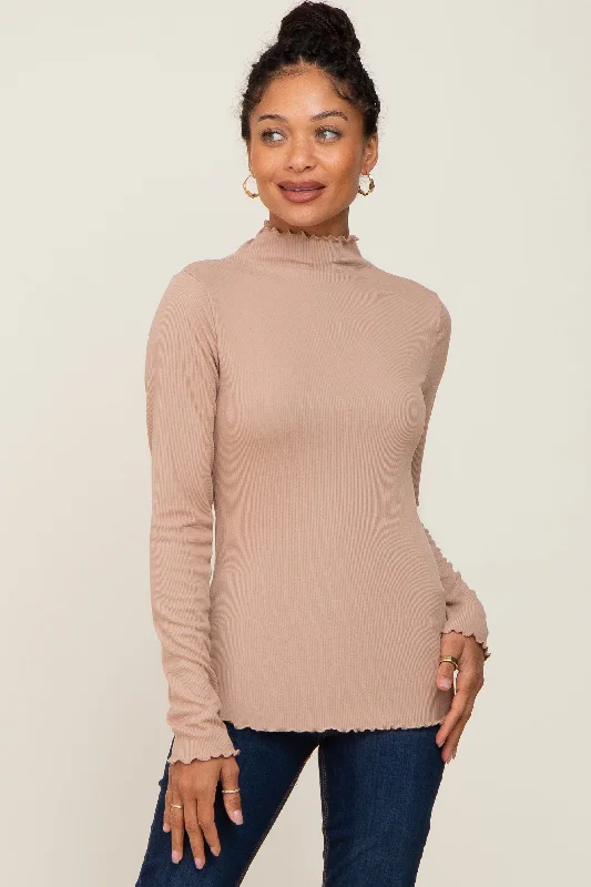 Cozy Dress Taupe Ribbed Mock Neck Lettuce Trim Long Sleeve Top