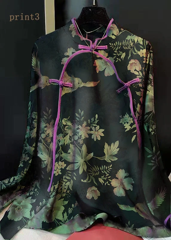 Light Comfort Elegant Green-Print3 Stand Collar Patchwork Jacquard side open Silk Shirts Long Sleeved Light Comfort Elegant Green-Print3 Stand Collar Patchwork Jacquard side open Silk Shirts Long Sleeved