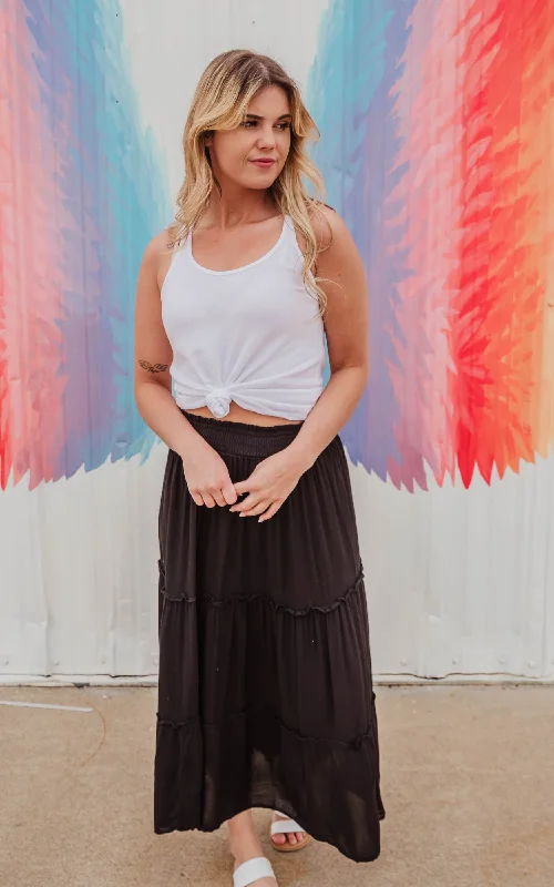 Cozy Fashion Rayon Gauze Black Tiered Maxi Skirt- BLUE B - FINAL SALE