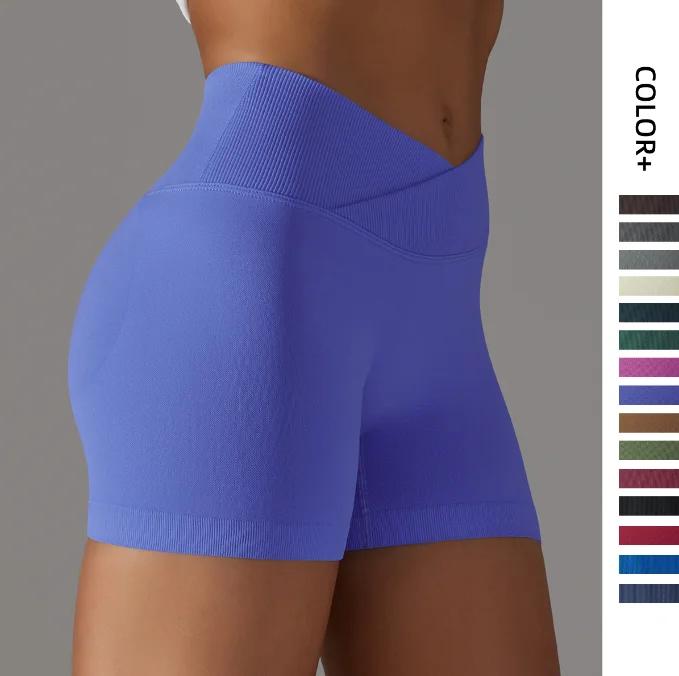 Breezy Style Solid color cross waist peach butt yoga shorts three-quarter pants 15colors