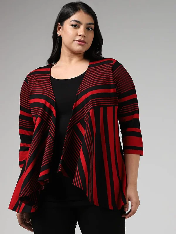Warm Layers Gia Red & Black Striped Dropfall Top with Shrug