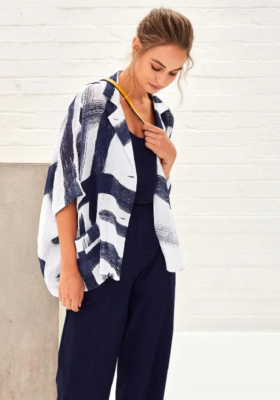 Fresh Comfort Naya Oversize Print Linen Jacket, French Navy & White