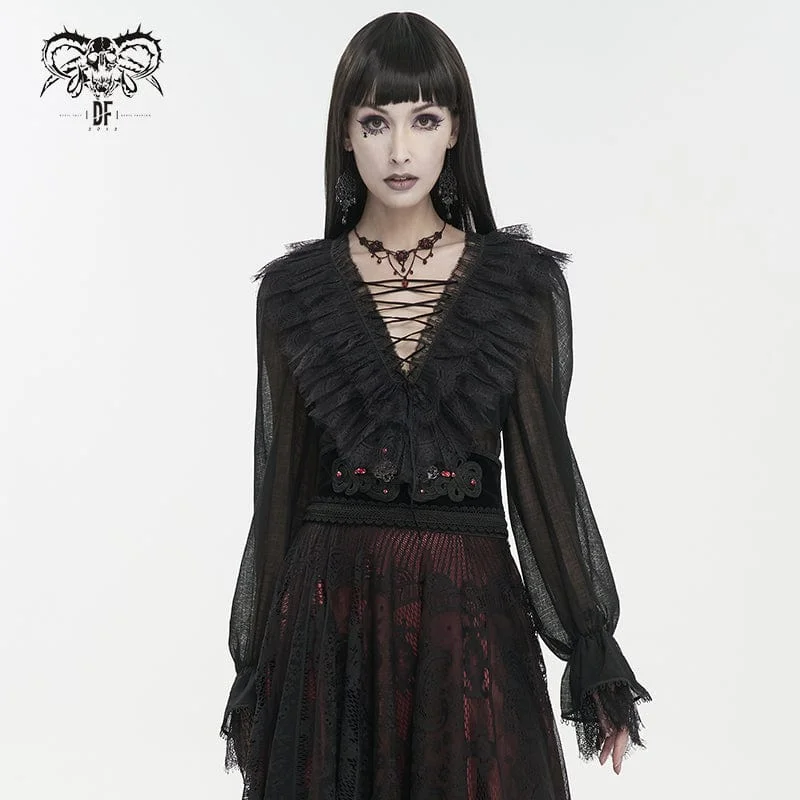 Fashion Comfort Women's Gothic Plunging Ruffled Sheer Shirt Black