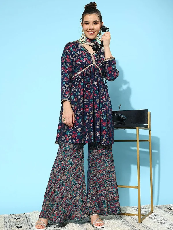 Comfortable Jackets Navy Blue Printed Silk Blend A-Line Sharara Suit Set With Dupatta