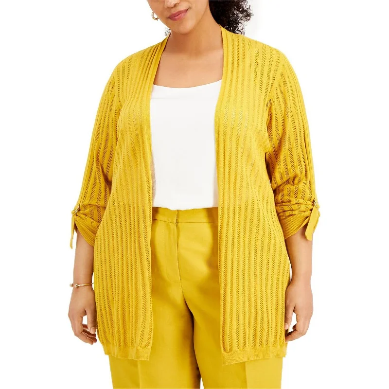 Warm Comfort Kasper Womens Plus Knit Perforated Cardigan Sweater