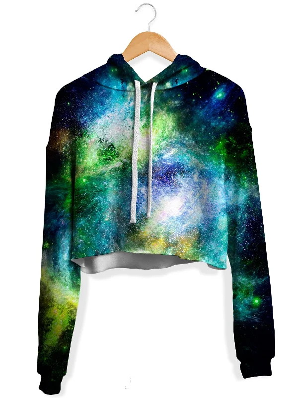 Chic Relaxation Green Psychedelic Nebula Fleece Crop Hoodie