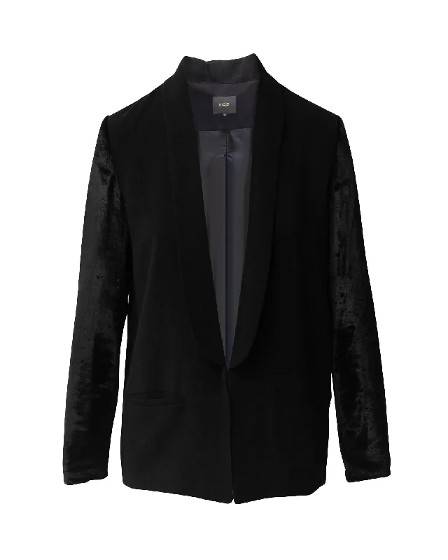 Easy Chic Maje Velvet Sleeve Blazer in Black Acetate