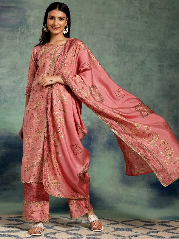 Sporty Wear Pink Printed Silk Blend Straight Suit With Dupatta