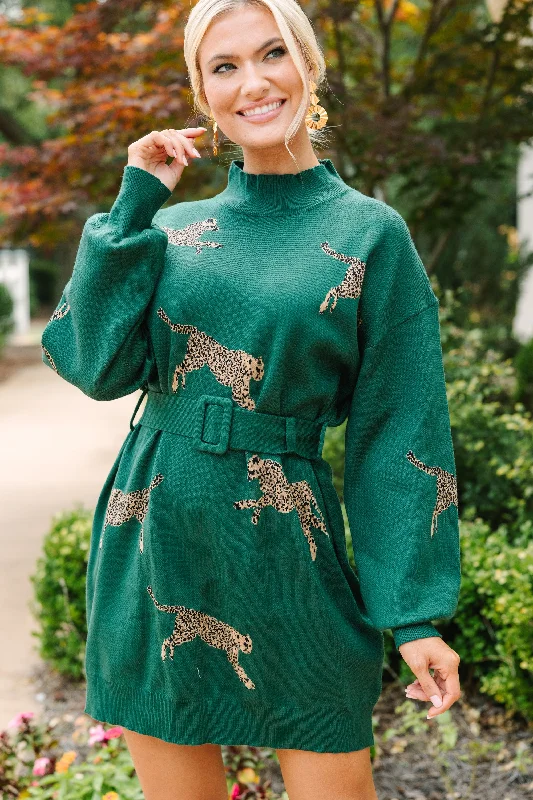Soft Textures Quick Decisions Hunter Green Cheetah Sweater Dress