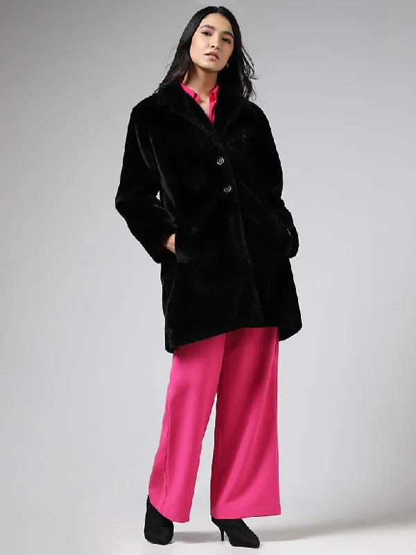 Comfortable Tops Wardrobe Solid Black Fur Coat