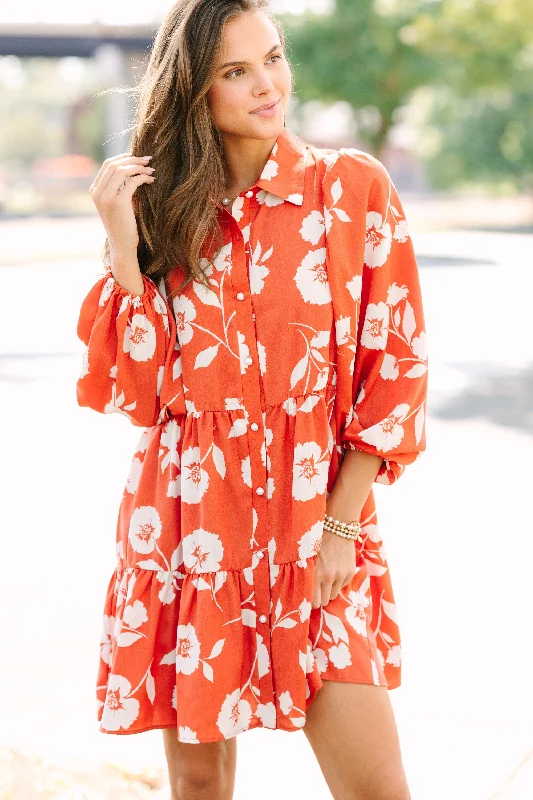 Trendy Casuals Just Be You Rust Orange Floral Babydoll Dress