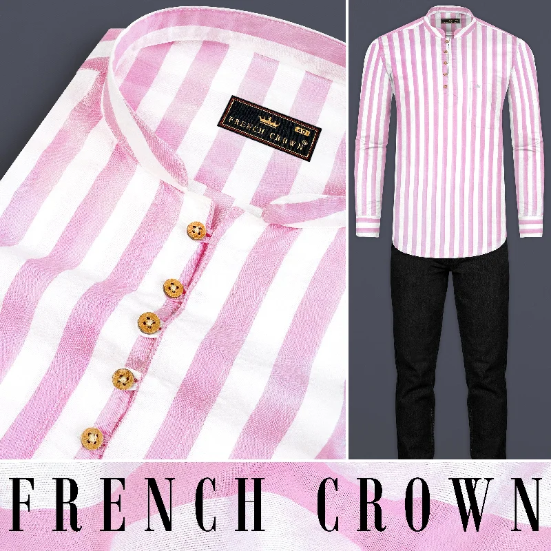Easy Comfort Style Bright White and Cherub Pink Striped Premium Cotton Kurta Shirt