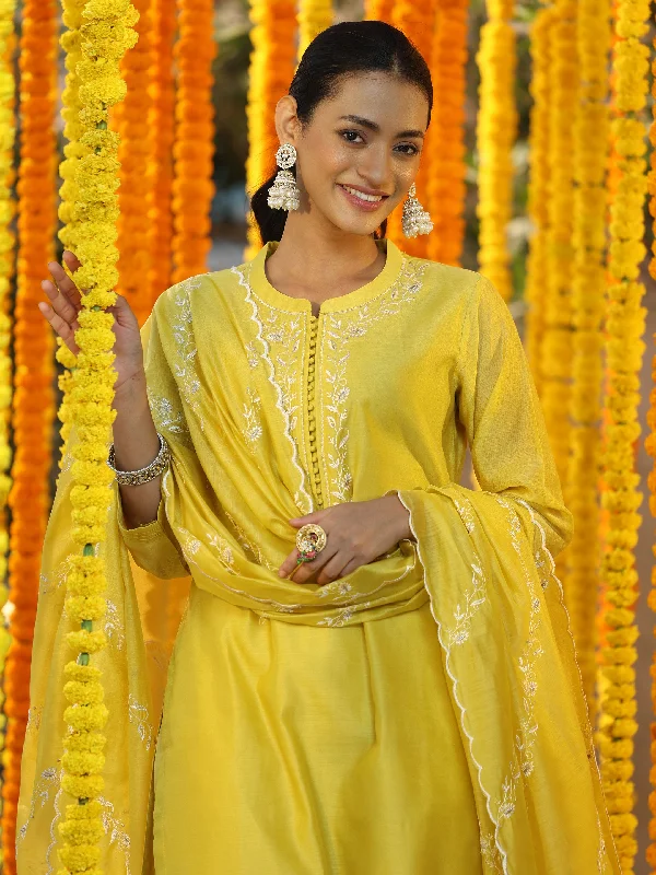 Chic Comfort Mustard Yoke Design Chanderi Silk Straight Suit With Dupatta