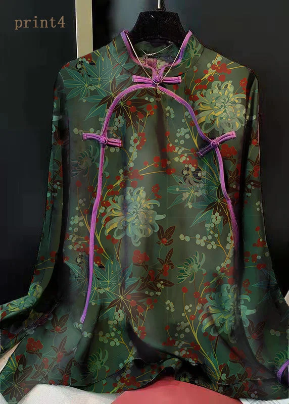 Soft Comfort Elegant Green-Print4 Stand Collar Patchwork Jacquard side open Silk Shirts Long Sleeved Soft Comfort Elegant Green-Print4 Stand Collar Patchwork Jacquard side open Silk Shirts Long Sleeved
