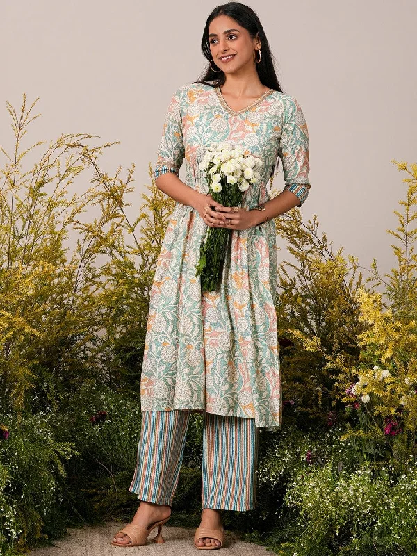 Casual Fit Beige Printed Silk Blend Anarkali Kurta Set