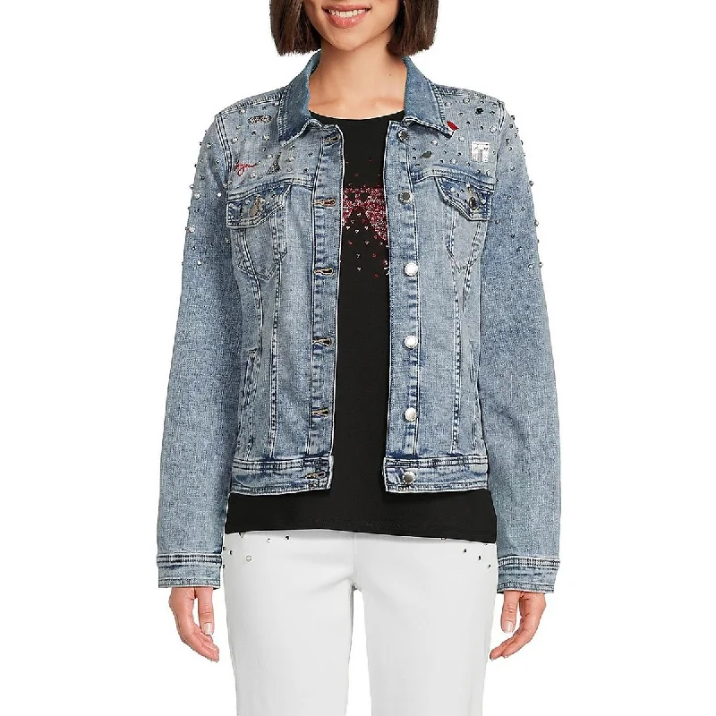 Modern Chic Karl Lagerfeld Womens Embellished Long Sleeve Denim Jacket