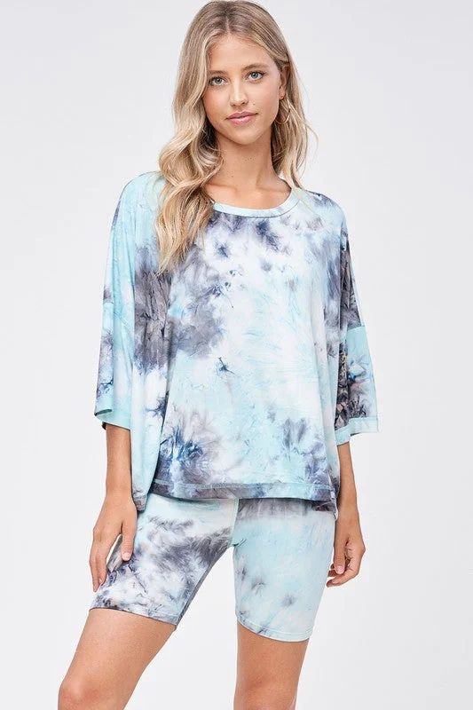 Casual Chic Outfits Starlet Tie Dye Shorts Set, Mint & Navy