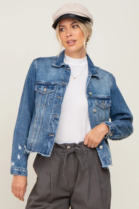 Cozy Knits Navy Blue Distressed Cropped Denim Jacket