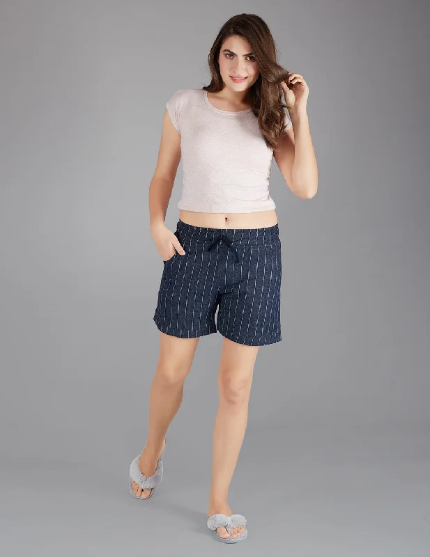 Layered Style Printed Shorts For Women - Cotton Lounge Shorts - Navy