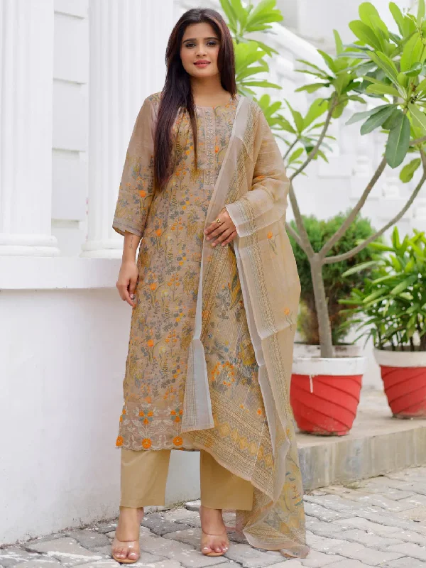 Comfortable Sweaters Tan Printed Chanderi Silk Straight Suit With Dupatta