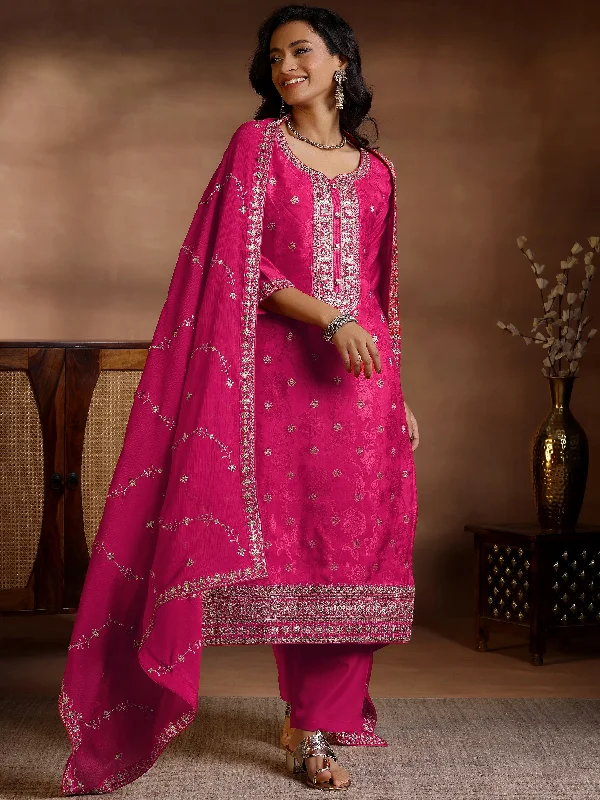Casual Fit Wear Pink Woven Design Silk Blend Straight Suit With Dupatta