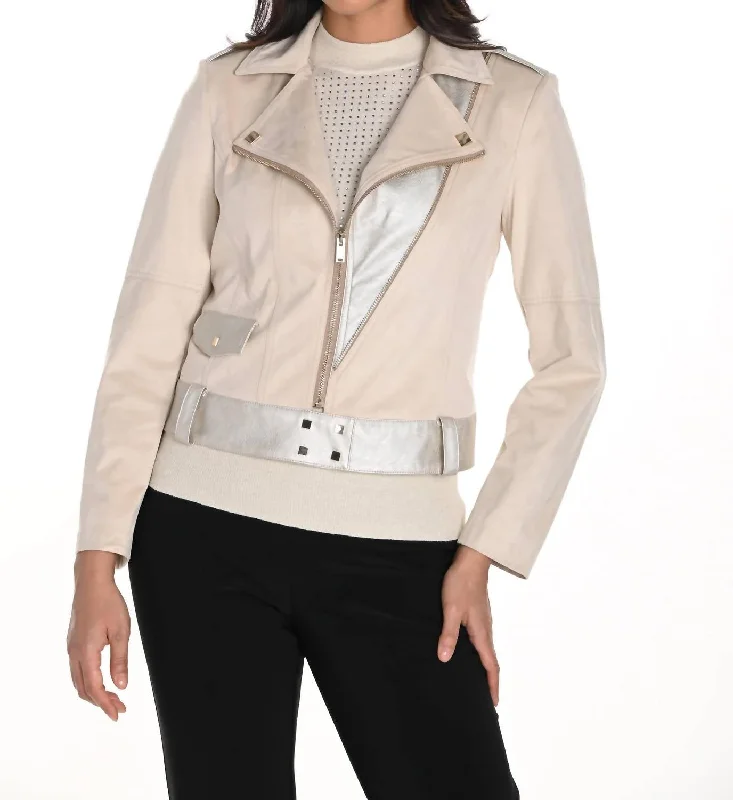 Relaxed Fit Faux Suede Moto Jacket In Beige
