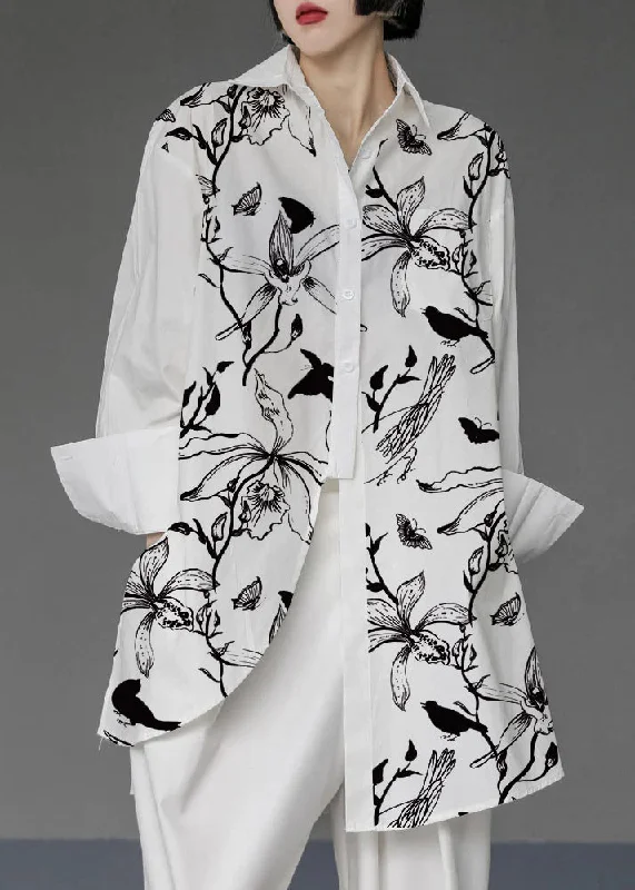 Comfy Layers Unique White-flowers and birds Asymmetrical Design Side Open Cotton Long Shirts Spring