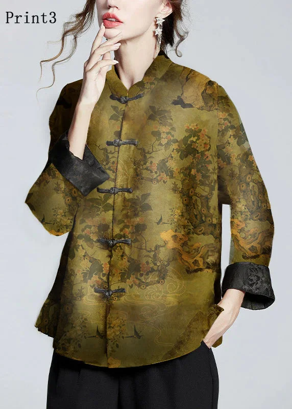 Smart Casuals Chinese Style Print3 Stand Collar Button Print Silk Coats Long Sleeve